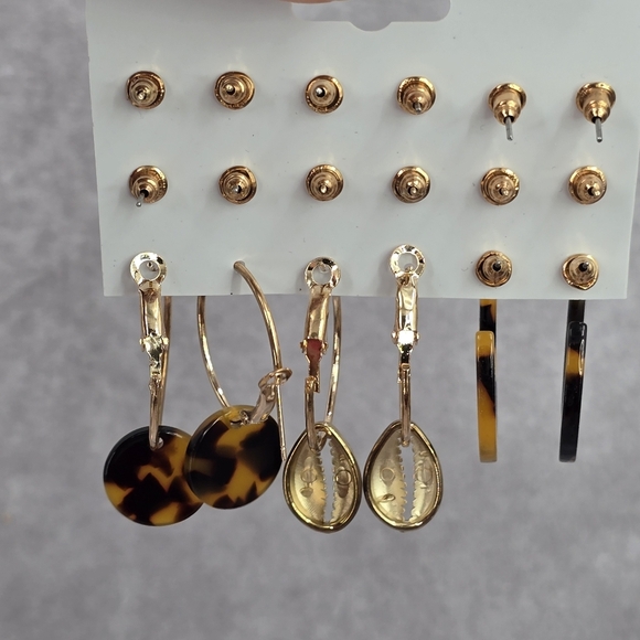 Hoop Stud Dangle Brown Gold Set of 9 Earrings Fashion Jewelry JB2-48 - Picture 4 of 5